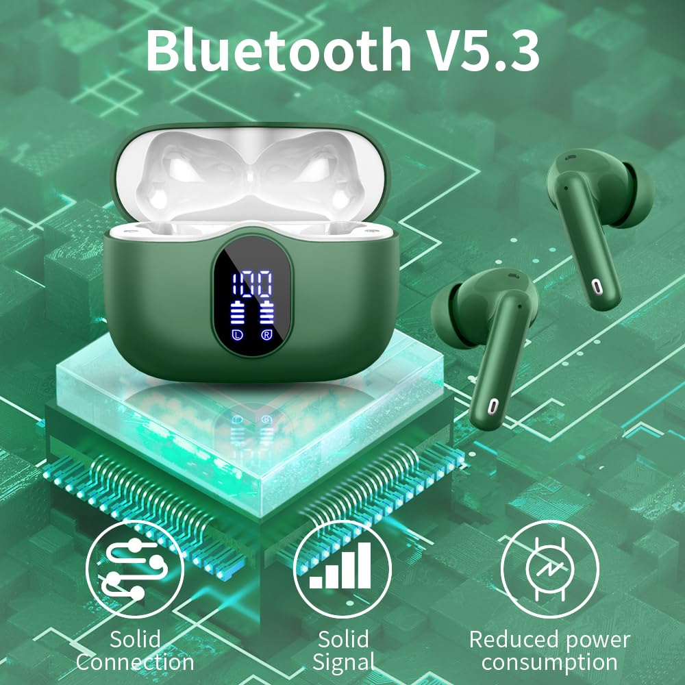 Wireless Earbuds Bluetooth 5.4 Headphones Bass Stereo Ear Buds with Noise Cancelling Mic LED Display in Ear Earphones IP7 Waterproof 36H Playtime for Laptop Pad Phones Sports Workout White