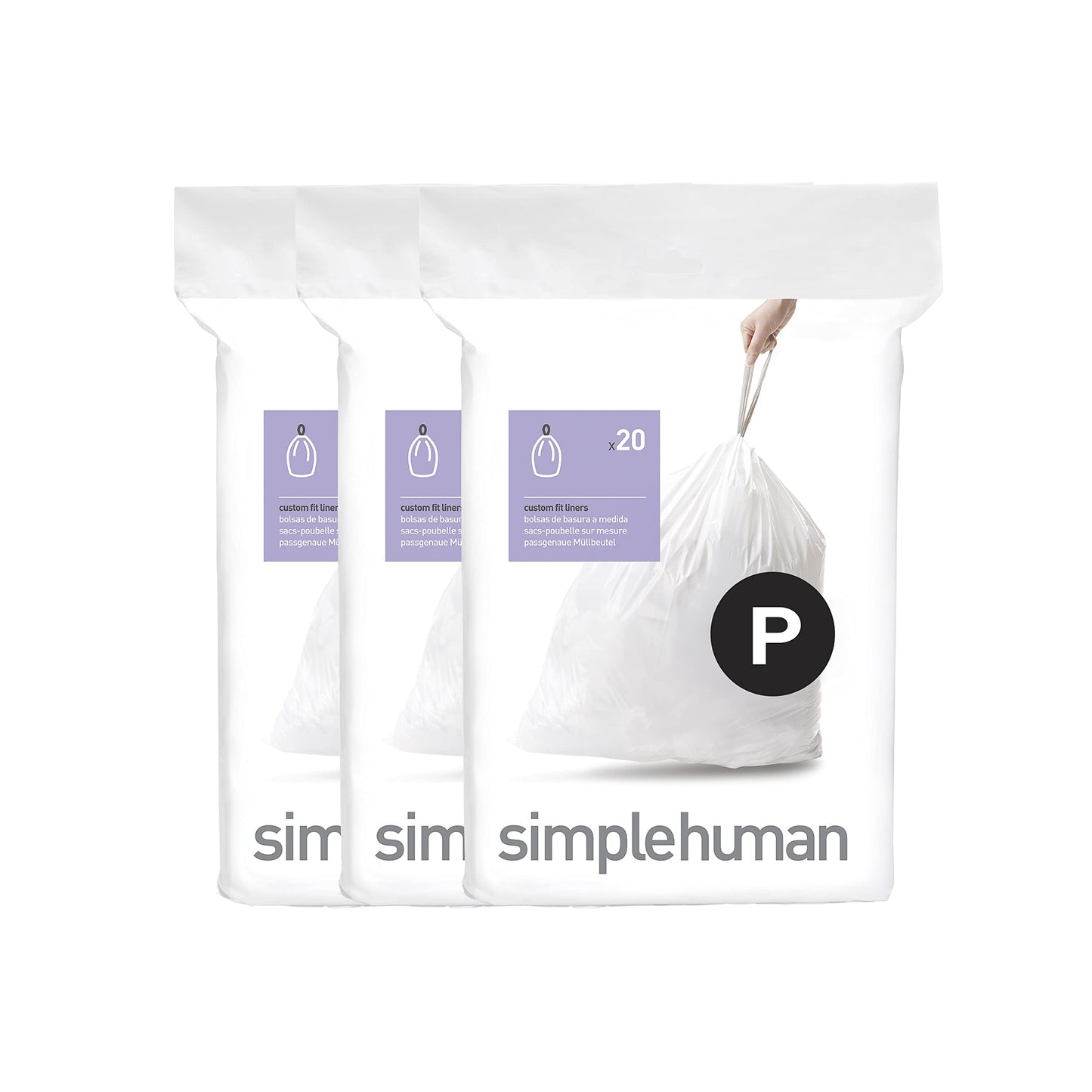 simplehuman Code H 60 Count, Genuine Custom Fit Liners, Drawstring Trash Bags in Dispenser Packs, 30-35 Liter / 8-9.2 Gallon, White