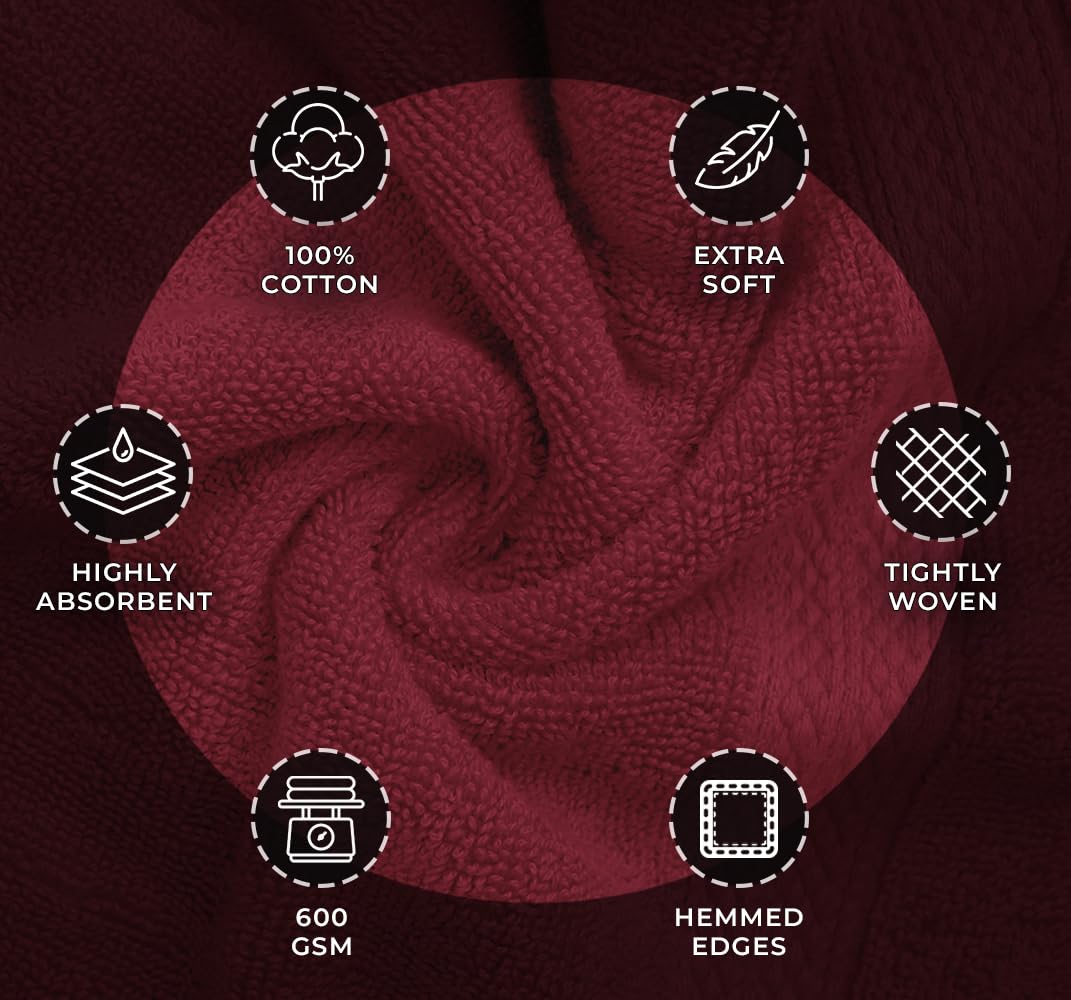 Avalon Towels Luxury 8 Piece Towels Set, 2 Bath Towels, 2 Hand Towels and 4 Washcloths, 600 GSM 100% Ring Spun Cotton Highly Absorbent Bathroom Towel Set, Ideal for Hotel, Spa and Gym (Pink)