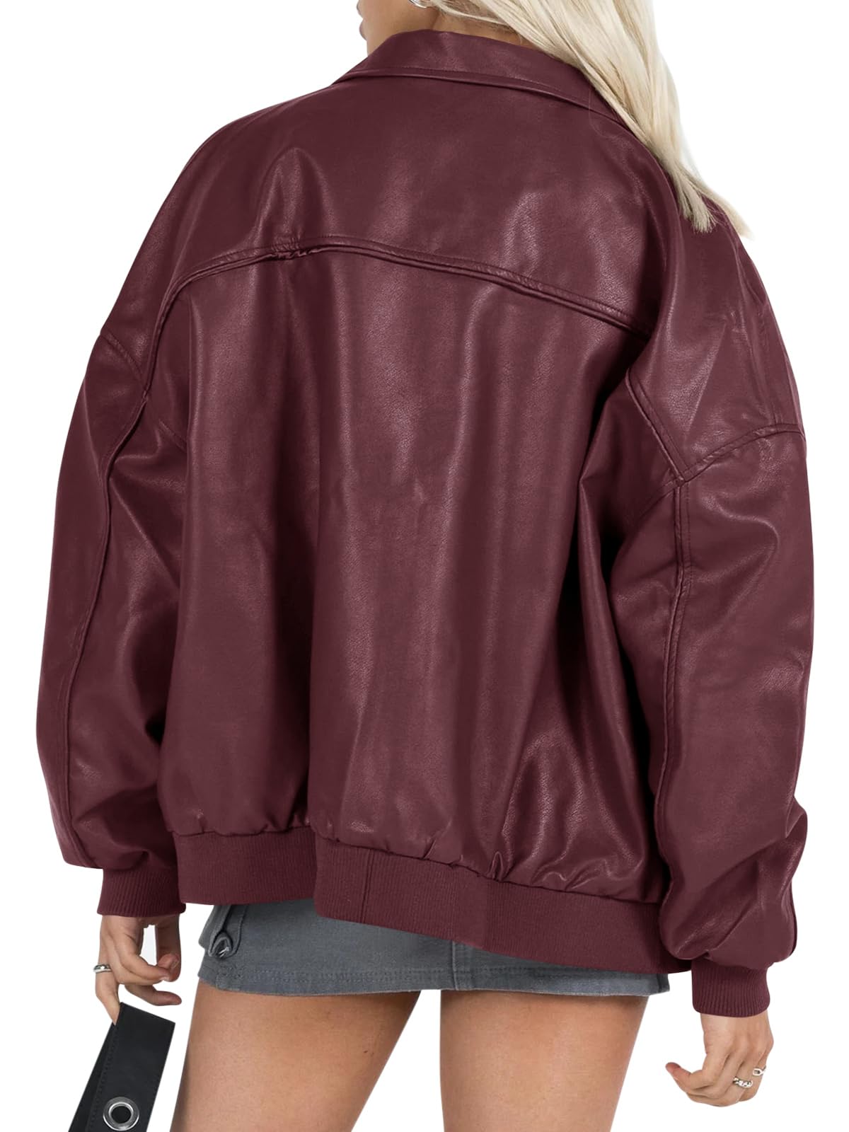 Tankaneo Womens Faux Leather Jackets Oversized Bomber Casual Fall Fashion Zip Up Moto Biker Coats