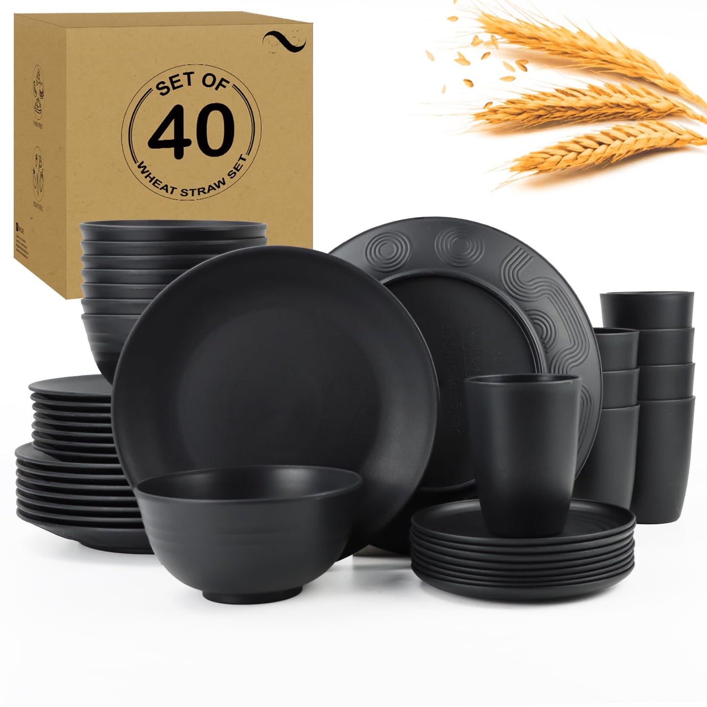 28 Piece Wheat Straw Dinnerware Sets,Dishwasher & Microwave Safe Plates and Bowls Sets - Unbreakable Plastic Dinnerware Sets for 4 Dinner Plates, Cups, Cereal Bowls - Colorful Series