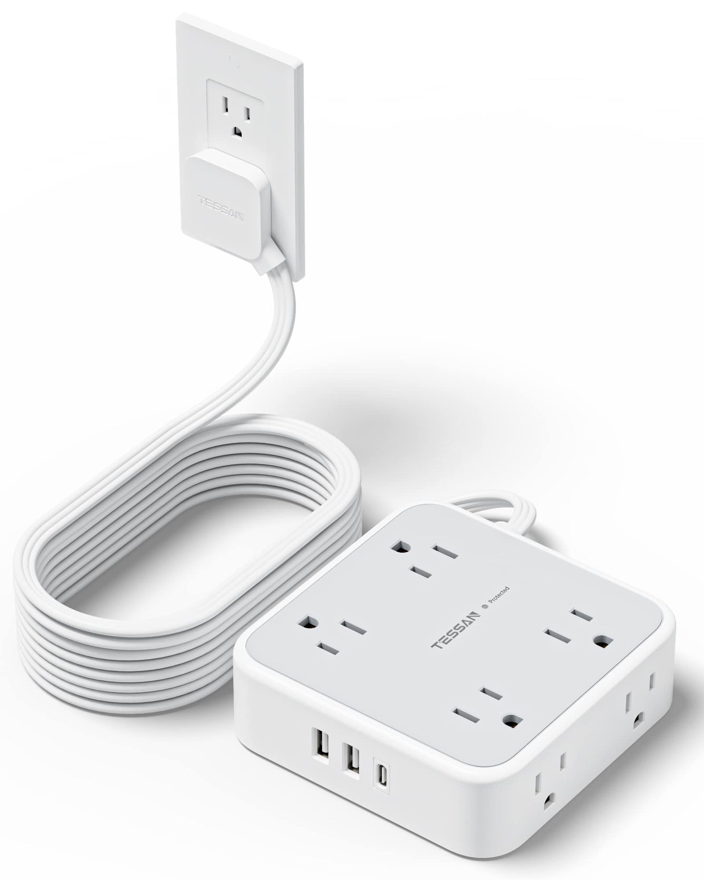Surge Protector Flat Extension Cord Flat Plug Power Strip, 8 AC Outlets, 3 USB Charger(1 USB C Port) 3-Sided Outlet Extender, 5 Ft, 900 Joules Protection