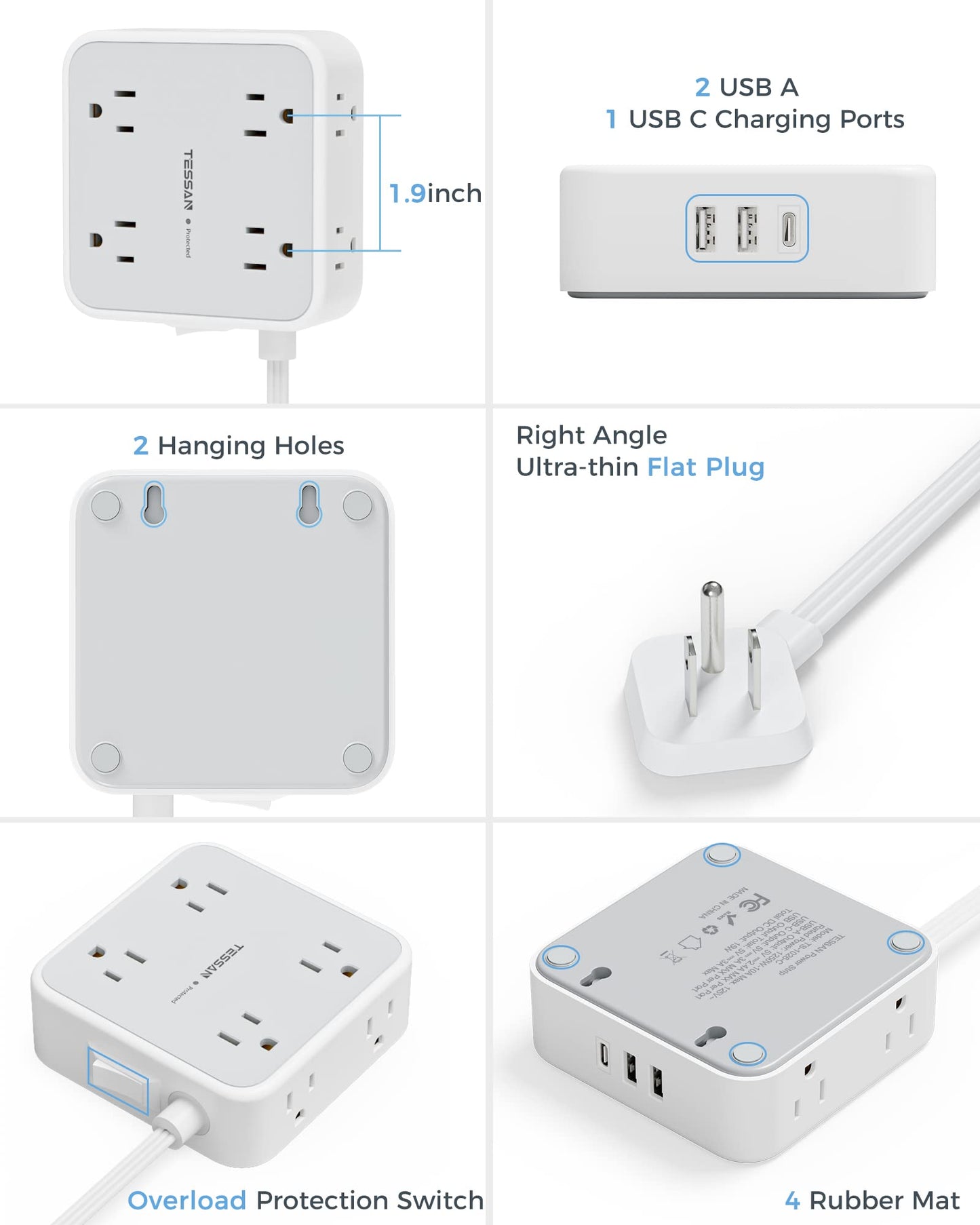 Surge Protector Flat Extension Cord Flat Plug Power Strip, 8 AC Outlets, 3 USB Charger(1 USB C Port) 3-Sided Outlet Extender, 5 Ft, 900 Joules Protection