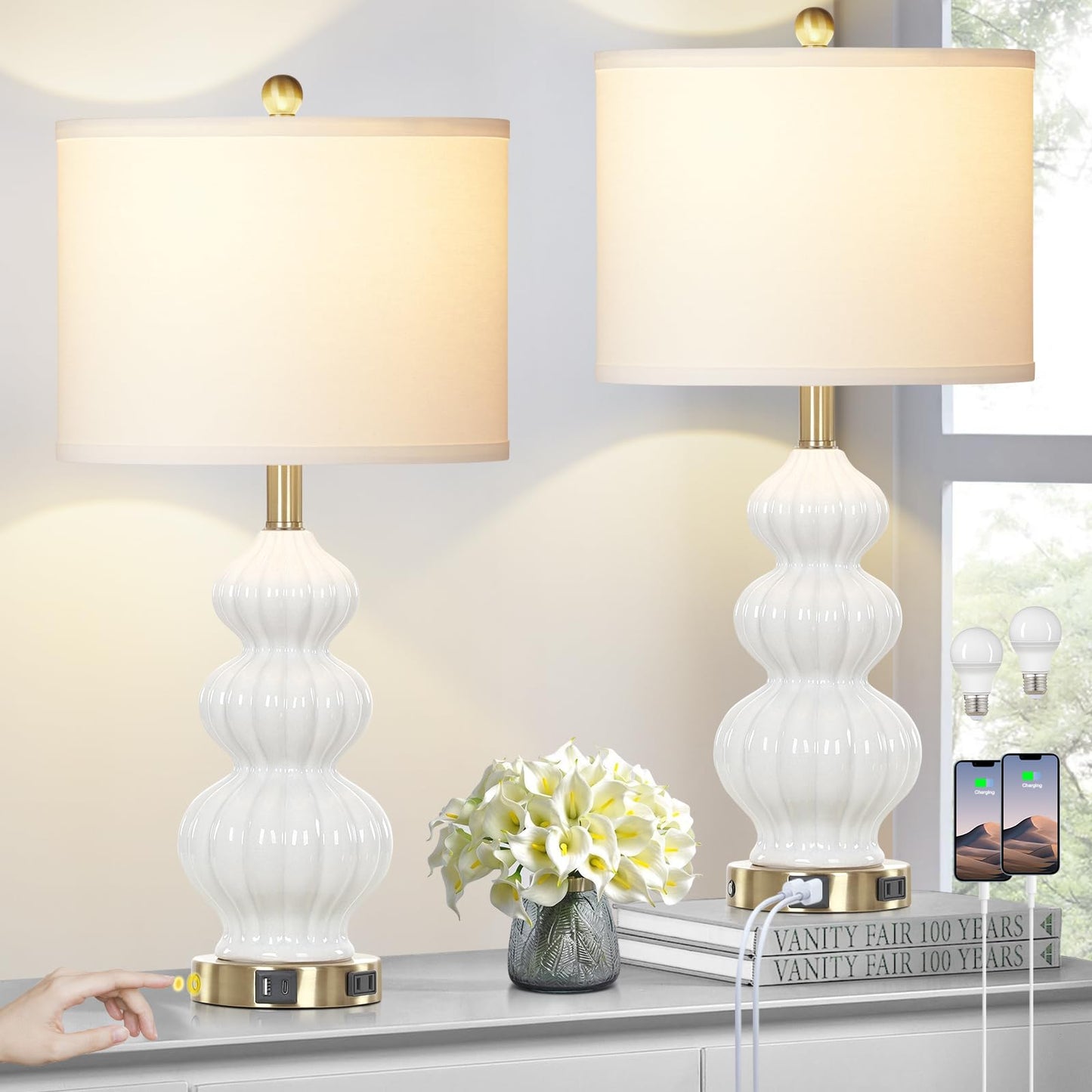 27-Zoll-Tischlampen aus Glas, 2er-Set mit Nachtlicht, moderne Nachttischlampen mit 3-Wege-Touch-Steuerung, USB-A+C-Anschlüssen und AC-Steckdose, gelbe Nachttischlampen im Boho-Stil für das Wohnzimmer im Schlafzimmer