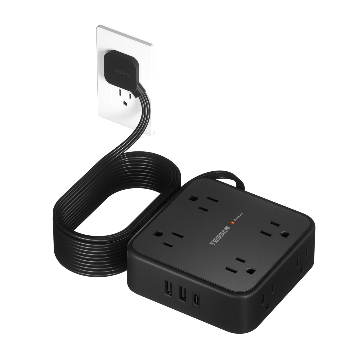 Surge Protector Flat Extension Cord Flat Plug Power Strip, 8 AC Outlets, 3 USB Charger(1 USB C Port) 3-Sided Outlet Extender, 5 Ft, 900 Joules Protection