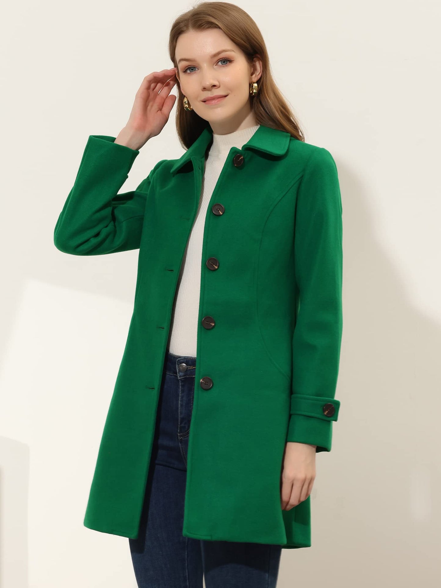 Allegra K Damen Winter Oberbekleidung Mantel Peter Pan Kragen Mitte Oberschenkel A-Linie Einreihig Pea Coat