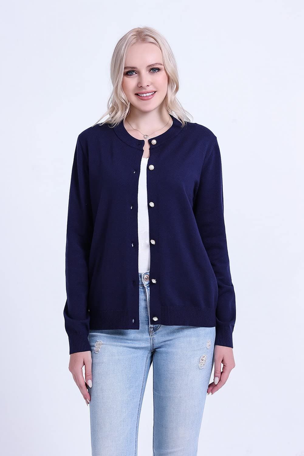 SMILING PINKER Women Cardigan Sweater Crewneck Pearl Button Knitted Tops Medium Weight