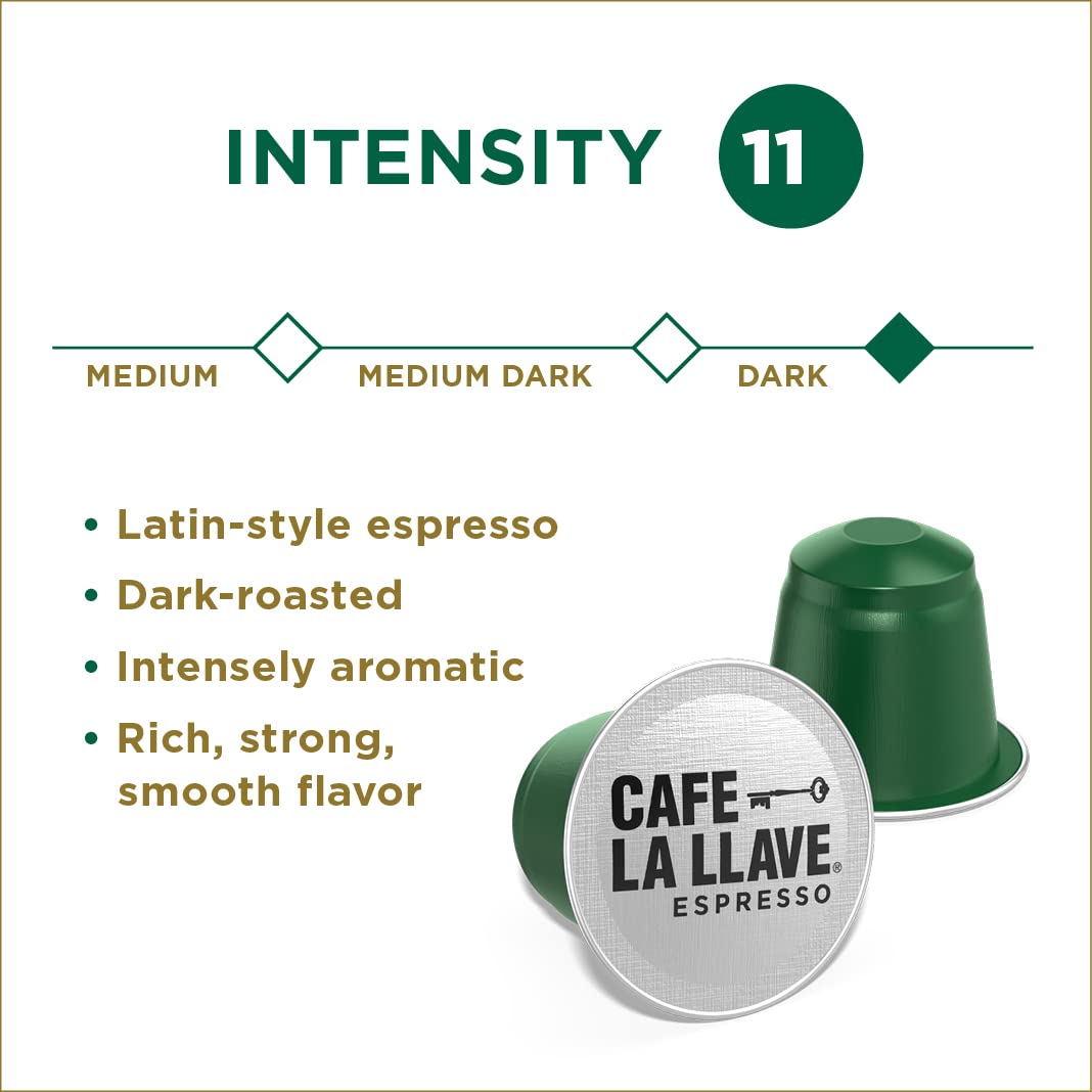 Cafe La Llave Espresso Pods: 40 Recyclable Aluminum Pods, Intensity 11 - Dark Roast Latin-Style Coffee, Compatible with Nespresso Original Line Machines - Bold, Rich Flavor