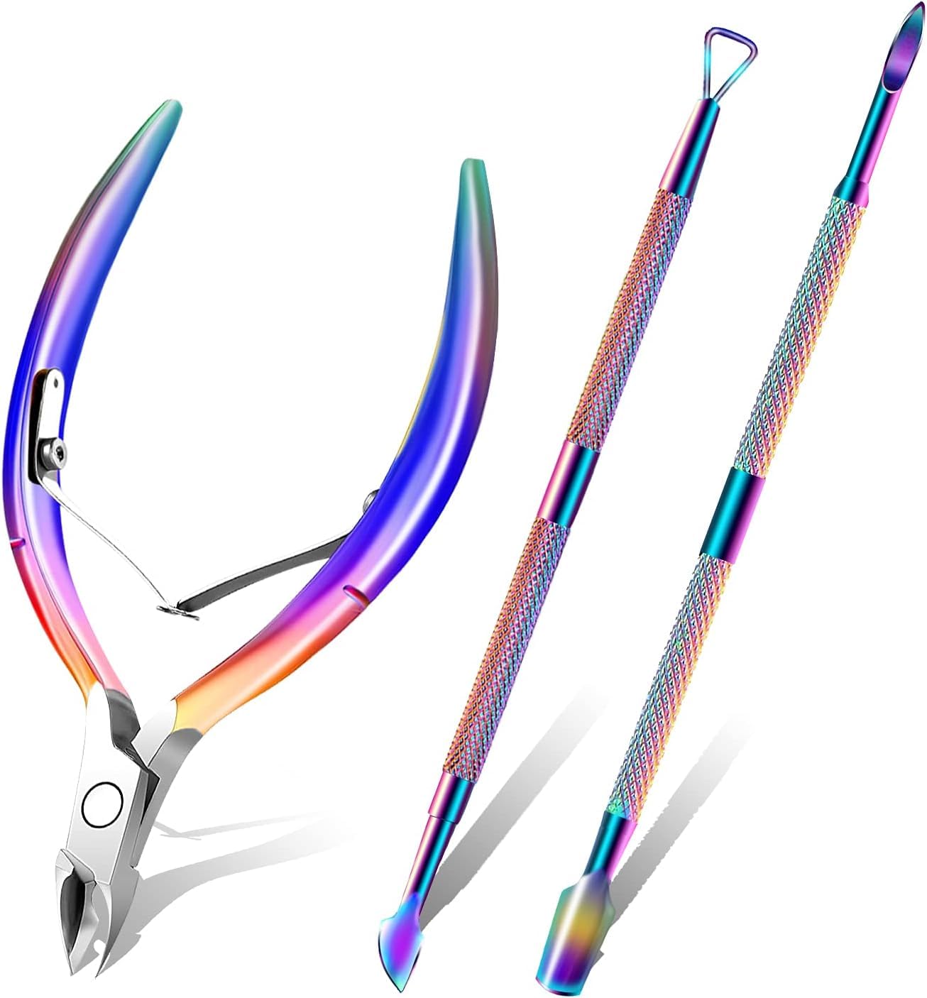 3-Piece Rainbow Cuticle Care Kit – Precision Trimmer, Dual-Head Pusher & Scraper | Surgical-Grade Stainless Steel