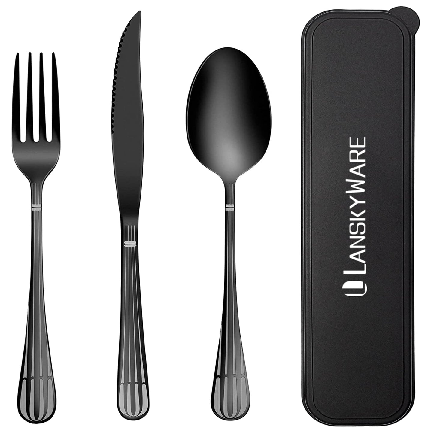 Portable Travel Utensils Set, 18/8 Stainless Steel 3 PCS Cutlery Set Including Knife Fork and Spoon, Reusable Travel Silverware Set with Case for Lunch Box Camping School Office