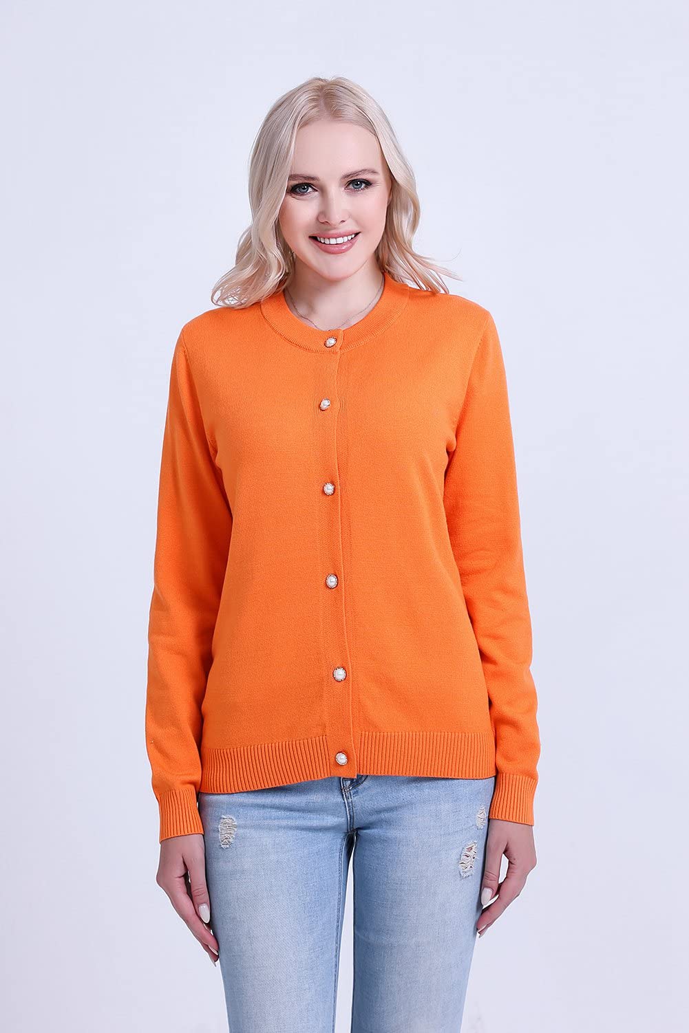 SMILING PINKER Women Cardigan Sweater Crewneck Pearl Button Knitted Tops Medium Weight