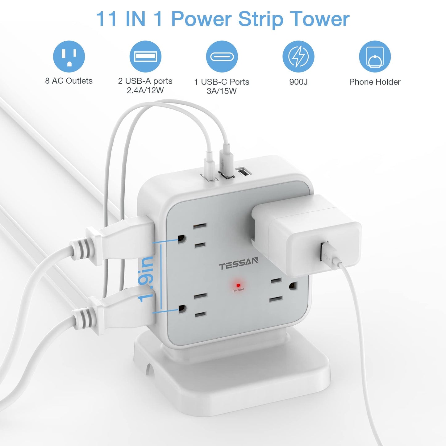 Surge Protector Flat Extension Cord Flat Plug Power Strip, 8 AC Outlets, 3 USB Charger(1 USB C Port) 3-Sided Outlet Extender, 5 Ft, 900 Joules Protection