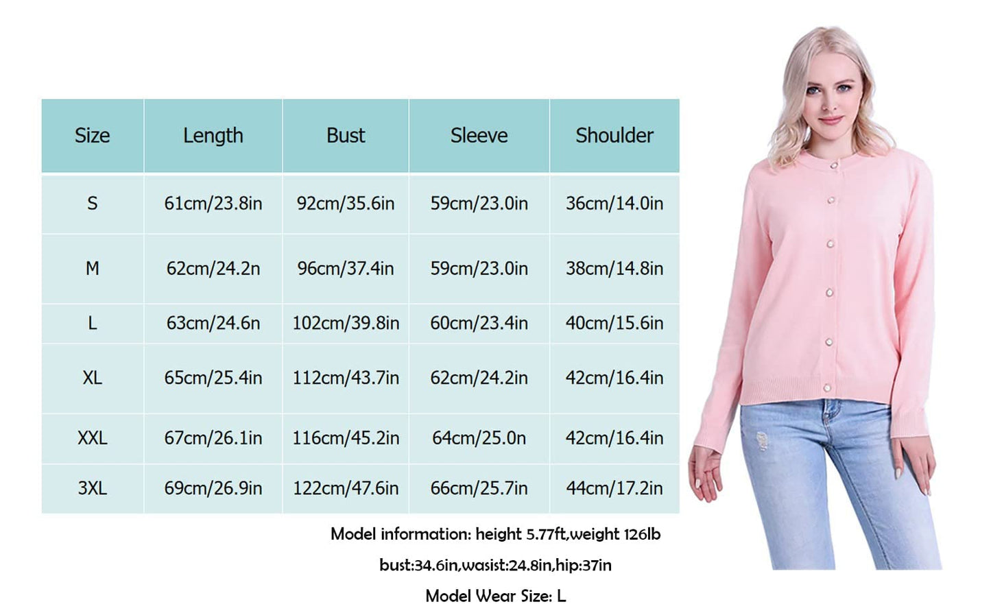 SMILING PINKER Women Cardigan Sweater Crewneck Pearl Button Knitted Tops Medium Weight