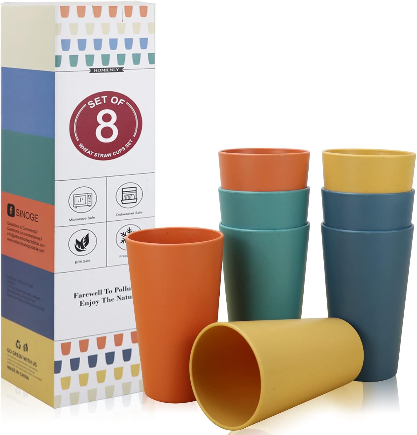 Homienly Becher mit Weizenstrohhalm, Plastikbecher, unzerbrechliche Trinkbecher, wiederverwendbare, spülmaschinenfeste Wassergläser, stapelbare Plastik-Wasserbecher in mehreren Farben (20 OZ, 8 Stück)