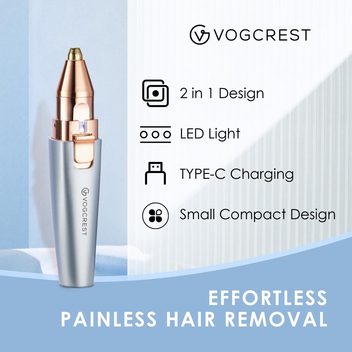 Eyebrow Facial Trimmer: 2 in1 Rechargeable Facial Hair Removal and Eyebrow Shaver - Face Lips Body Painless Facial Razor with Built-in LED Light (Rose Gold)