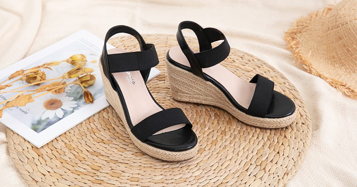 Vepose Damen 881 Keilsandalen Elastischer Fesselriemen Espadrilles Plateau Offene Zehenpartie High Heel Stretch Textil Brautschuhe