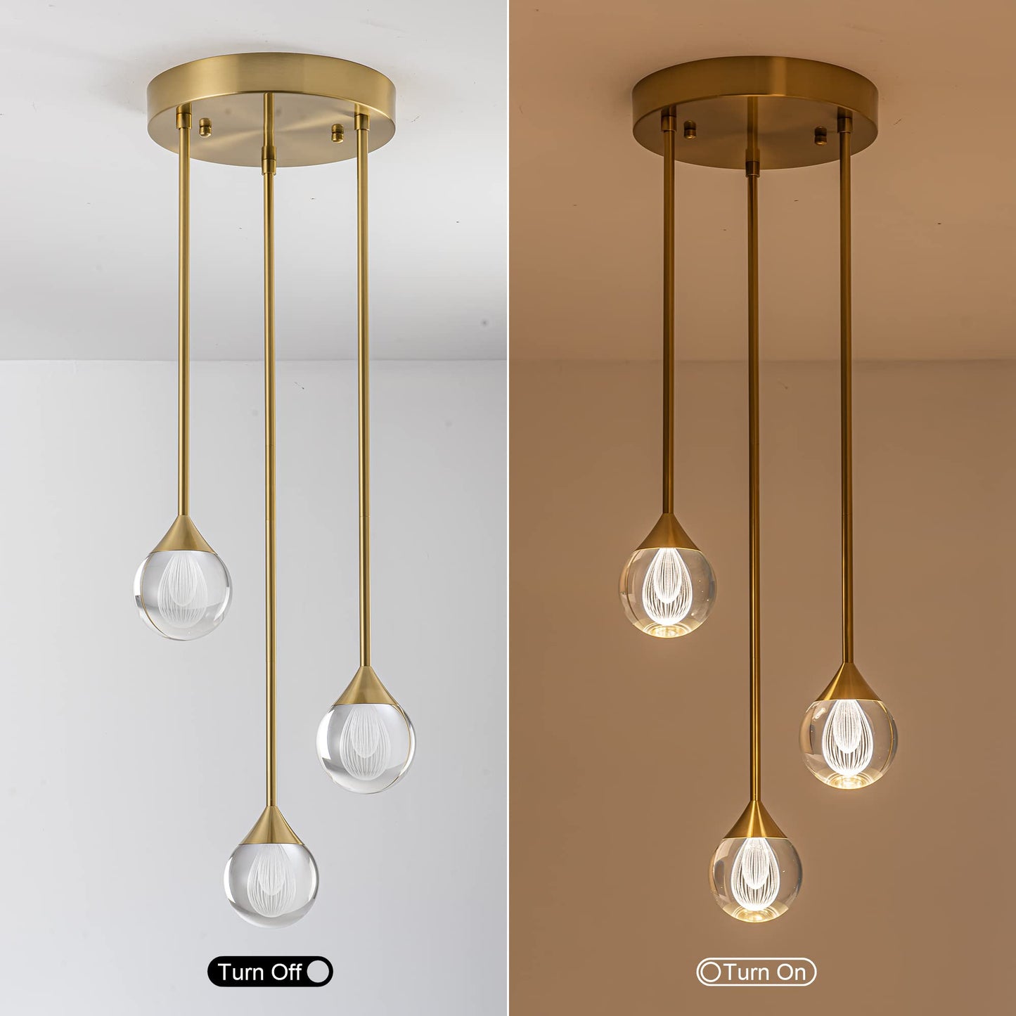 3-flammige Kristall-Pendelleuchte in Tropfenform, dimmbare LED-Hängeleuchte in Kristallkugelform, moderne Deckenpendelbeleuchtung für Kücheninsel, Esszimmer, Schlafzimmer, Bar, 3000 K, 24 W, gebürstetes Messing