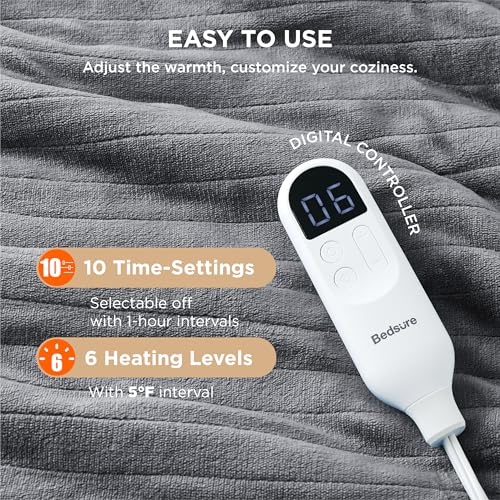 Electric Heated Blanket/Throw - Seamless Flannel Electric Blanket, Heating Blanket with 4 Time Settings & 6 Heat Settings, Warm Blanket Gift for Grandma (50x60 inches, Black)