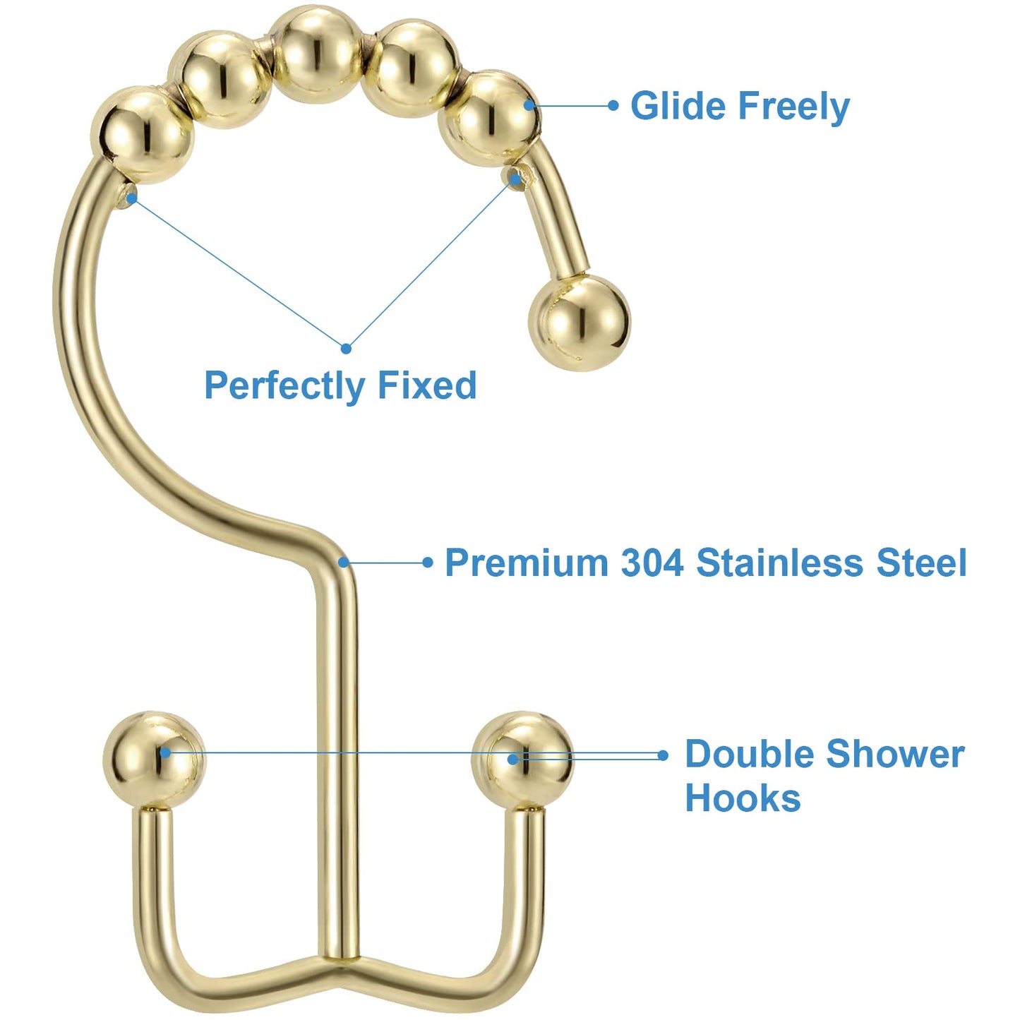 Shower Curtain Hooks Rings, TENOVEL Double Sided Shower Hooks Rust Proof for Bathroom Shower Rods Curtain, Durable Stainless Steel Bathroom Shower Curtain Hangers, Bronze, Set of 12