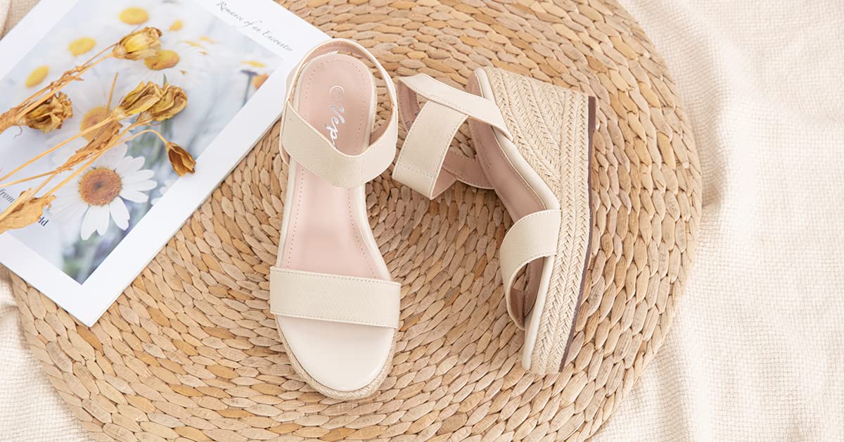 Vepose Damen 881 Keilsandalen Elastischer Fesselriemen Espadrilles Plateau Offene Zehenpartie High Heel Stretch Textil Brautschuhe