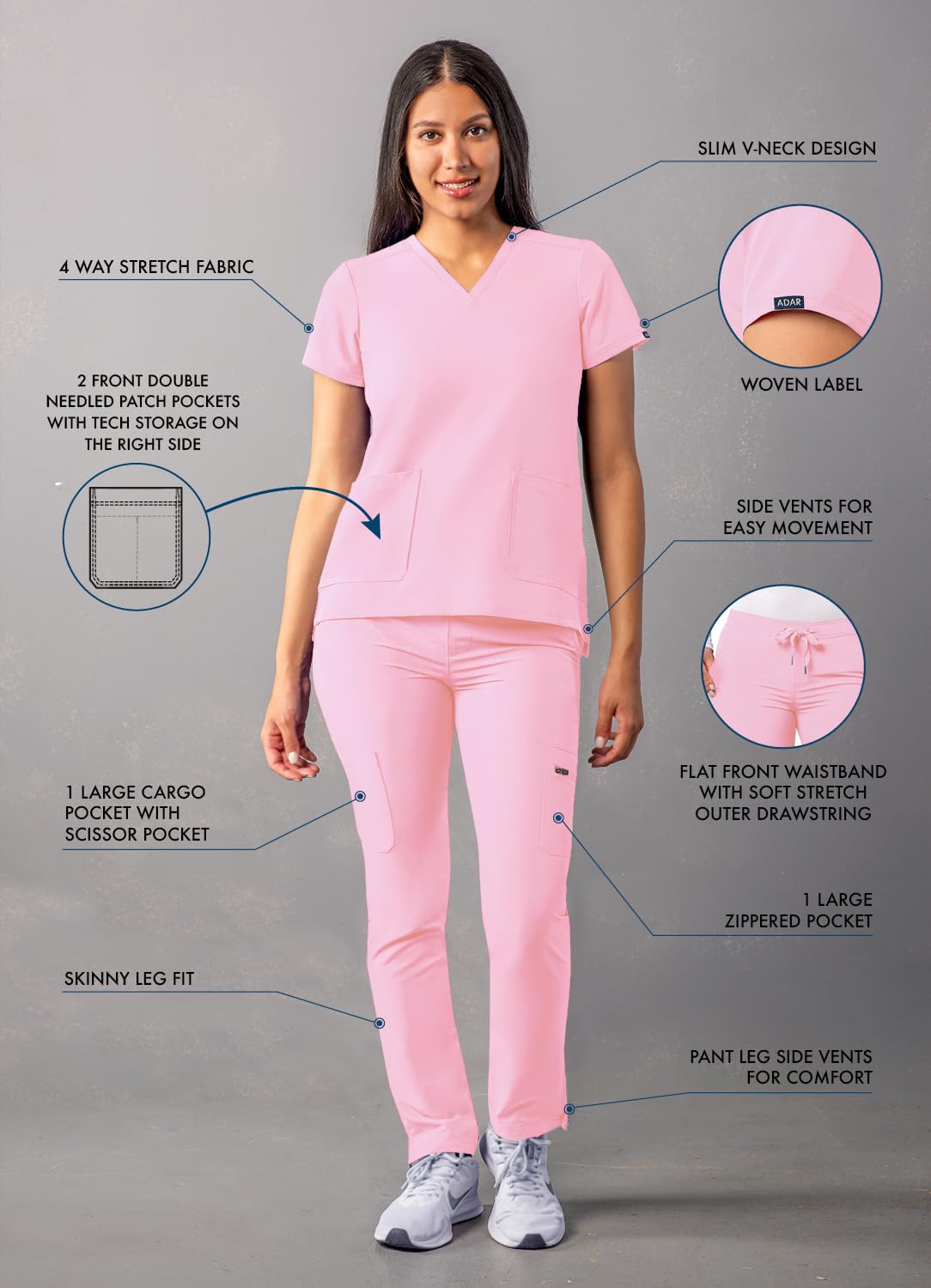 Ensemble de gommage Adar Addition Go-Basic pour femme - Haut de gommage slim à col en V et pantalon de gommage cargo skinny