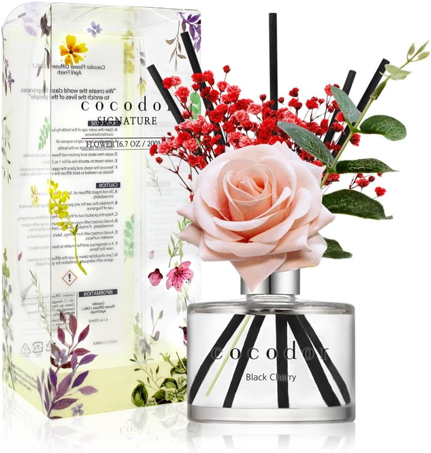 COCODOR Flower Reed Diffuser Set / 6.7oz / White Jasmine/Scent Diffuser with Sticks Home Fragrance Reed Diffuser for Bathroom Shelf Decor