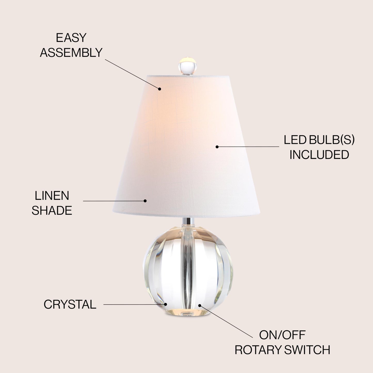 JONATHAN Y JYL2079A Goddard 16" Kristallkugel/Metall LED-Tischlampe, glamouröse Übergangs-Nachttischlampe für Schlafzimmer, Wohnzimmer, Büro, College, Bücherregal, LED-Glühbirne enthalten, klar