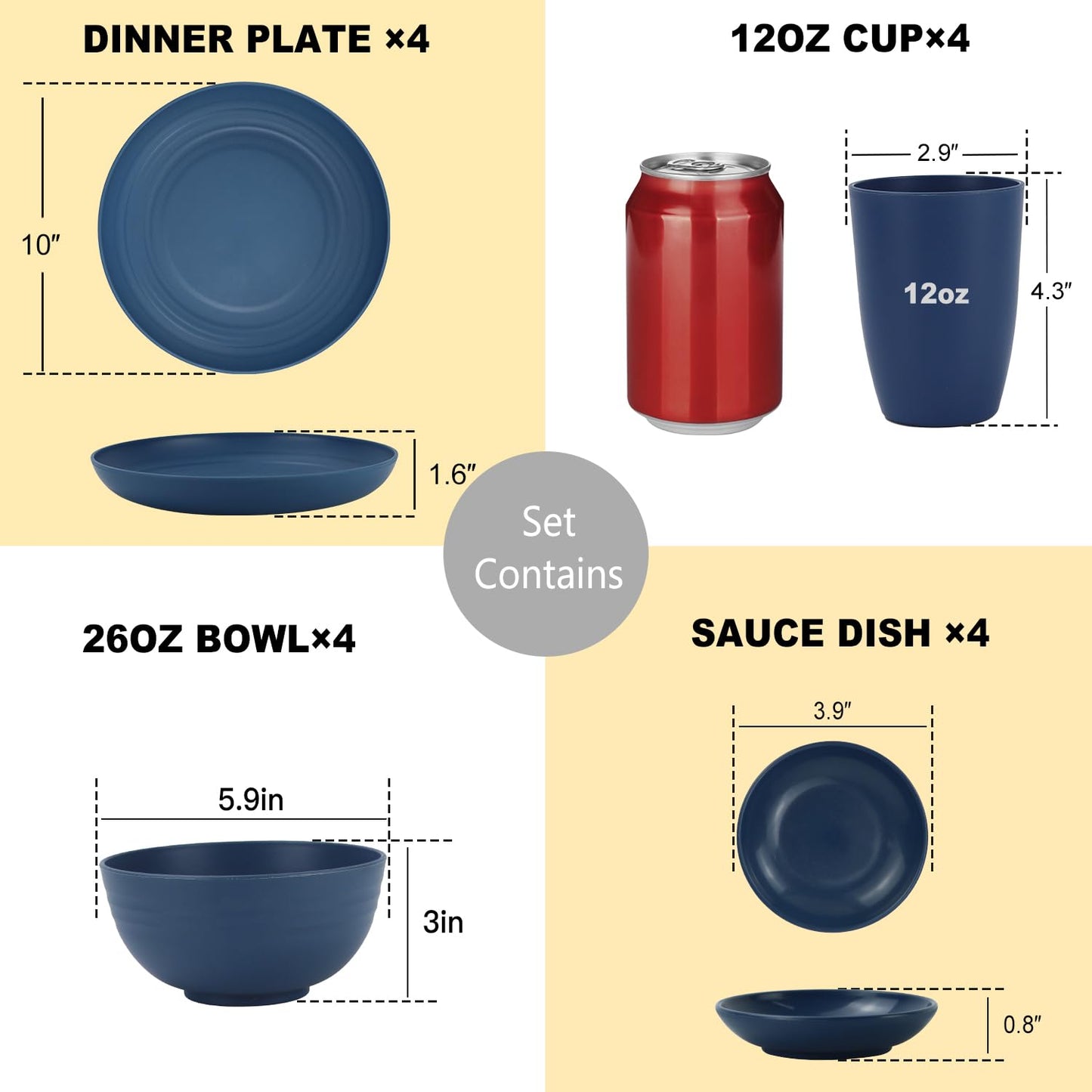 28 Piece Wheat Straw Dinnerware Sets,Dishwasher & Microwave Safe Plates and Bowls Sets - Unbreakable Plastic Dinnerware Sets for 4 Dinner Plates, Cups, Cereal Bowls - Colorful Series