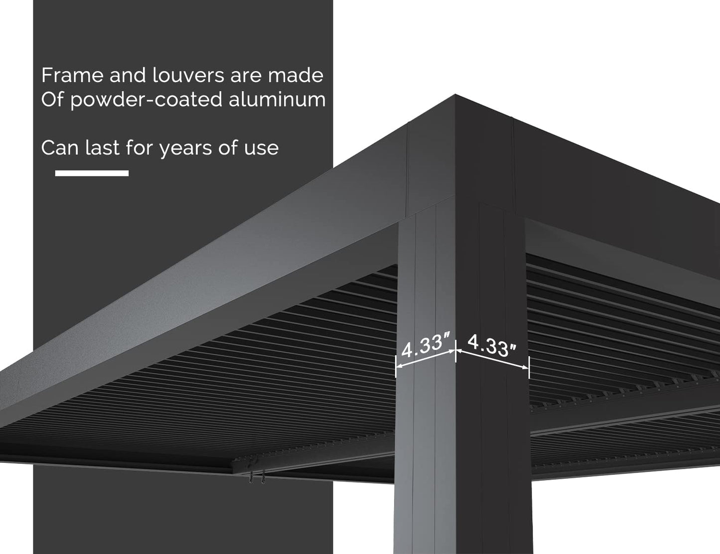 PURPLE LEAF Lamellenpergola 94AS, 3,3 x 4,3 m, Aluminium-Pergola für den Außenbereich mit Sonnenschutz, verstellbarem Dach für Terrasse, Hinterhof, grauer Pavillon mit festem Dach, 1 lange Seite und 2 kurze Seiten