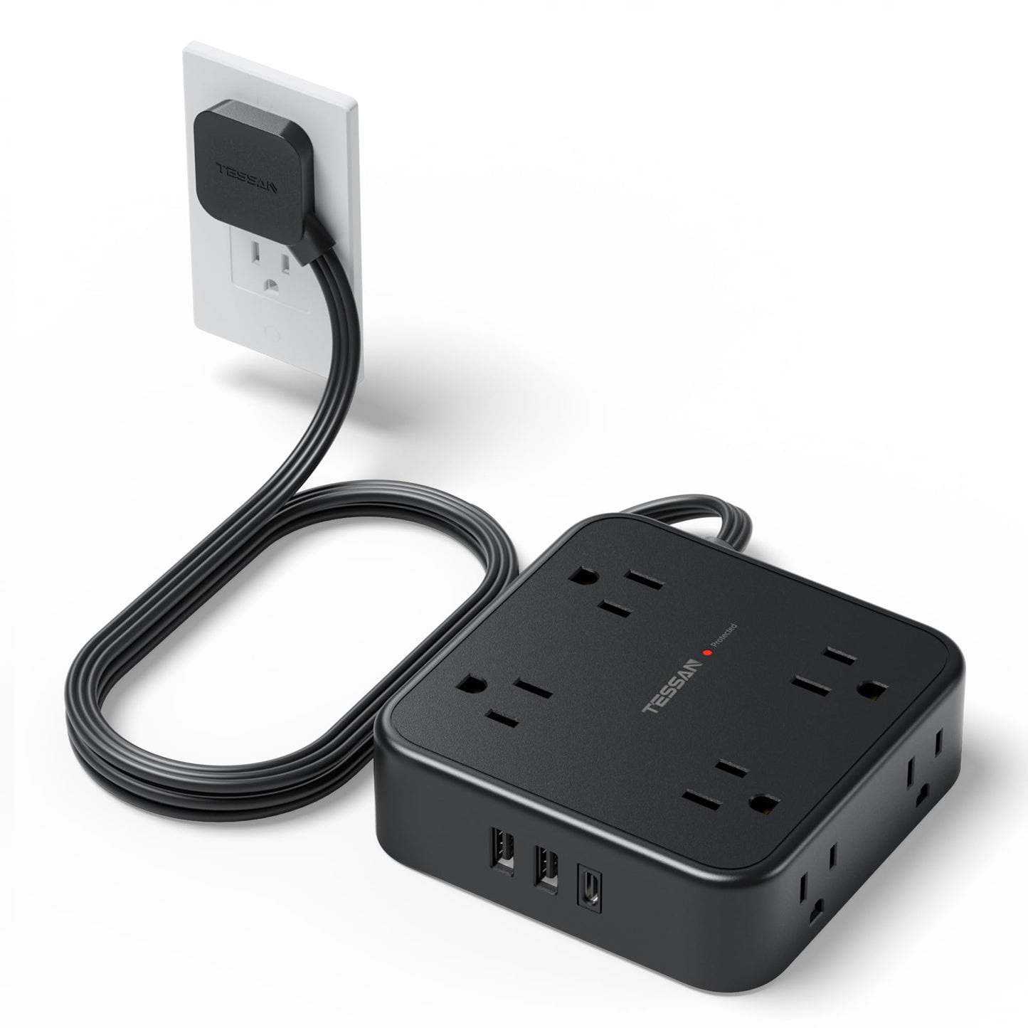 Surge Protector Flat Extension Cord Flat Plug Power Strip, 8 AC Outlets, 3 USB Charger(1 USB C Port) 3-Sided Outlet Extender, 5 Ft, 900 Joules Protection