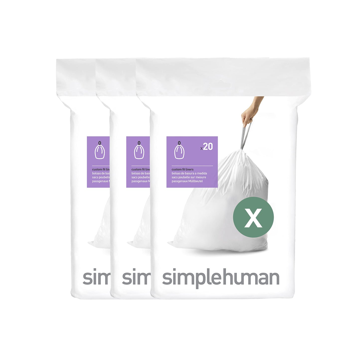 simplehuman Code H 60 Count, Genuine Custom Fit Liners, Drawstring Trash Bags in Dispenser Packs, 30-35 Liter / 8-9.2 Gallon, White