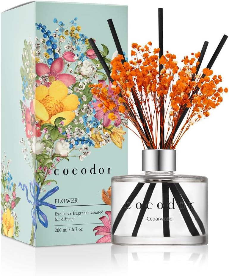 COCODOR Flower Reed Diffuser Set / 6.7oz / White Jasmine/Scent Diffuser with Sticks Home Fragrance Reed Diffuser for Bathroom Shelf Decor