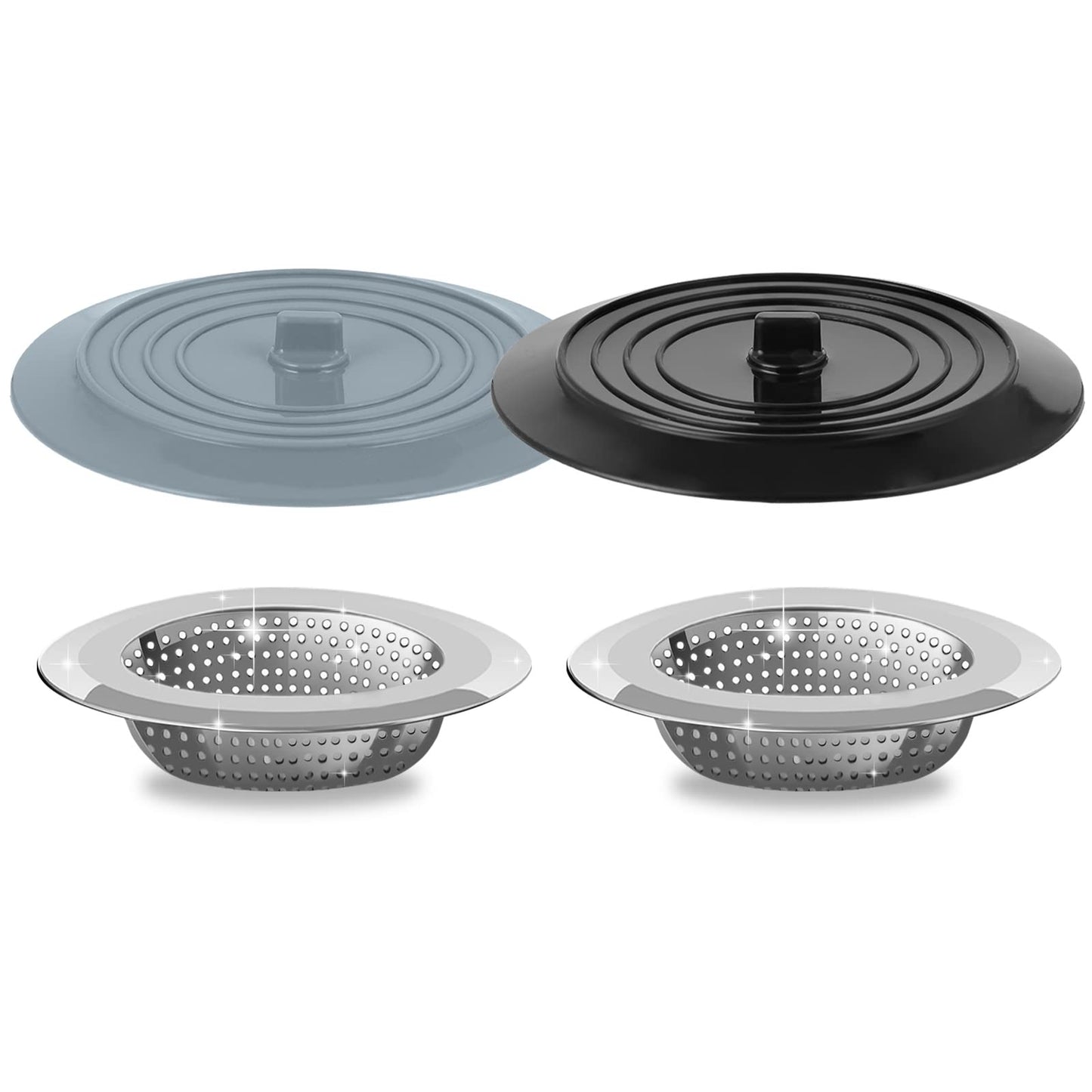 V-TOP Spülbeckensieb-Stopfen, 4er-Pack, universelles Silikon-Abflusssieb-Abdeckungsstopfen-Set für Küchenspülen, 4,5-Zoll-Spülbeckenfiltersieb aus Edelstahl, Lebensmittelfänger für Küchenspüle