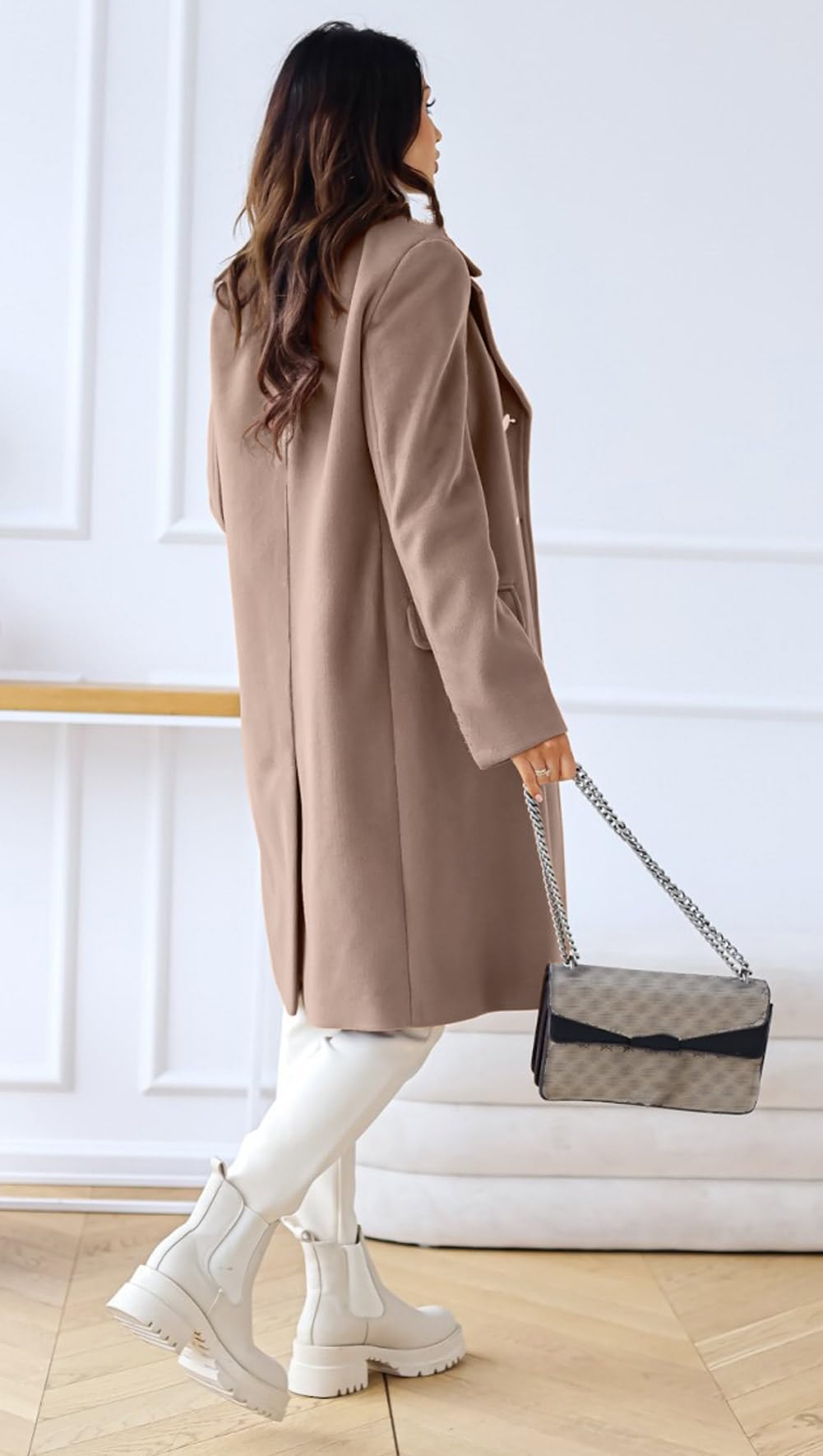 chouyatou Damen Wintermantel mit Revers, zweireihig, für Büro und Arbeit, lang, Wolle, Peacoat