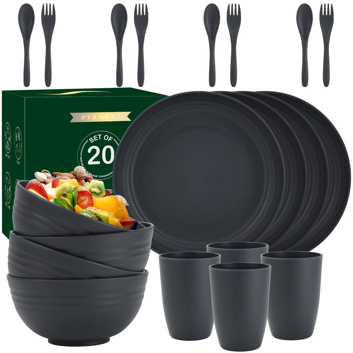 28 Piece Wheat Straw Dinnerware Sets,Dishwasher & Microwave Safe Plates and Bowls Sets - Unbreakable Plastic Dinnerware Sets for 4 Dinner Plates, Cups, Cereal Bowls - Colorful Series