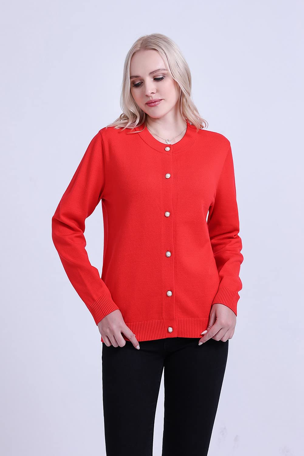 SMILING PINKER Women Cardigan Sweater Crewneck Pearl Button Knitted Tops Medium Weight