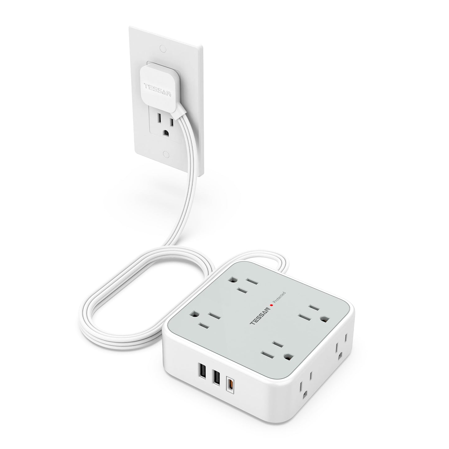 Surge Protector Flat Extension Cord Flat Plug Power Strip, 8 AC Outlets, 3 USB Charger(1 USB C Port) 3-Sided Outlet Extender, 5 Ft, 900 Joules Protection
