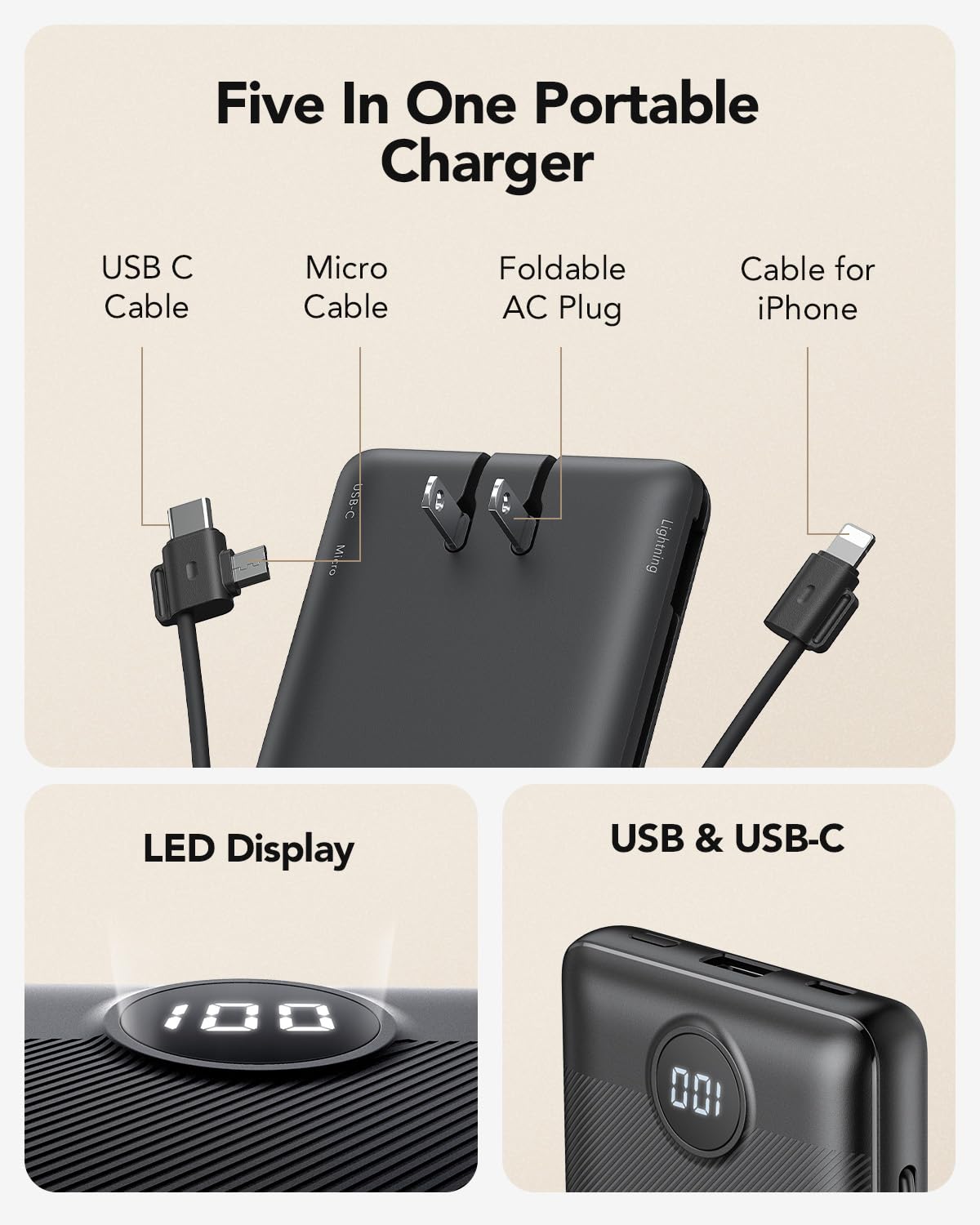 VRURC Portable Charger Built-in Cables and AC Wall Plug, USB C Power Bank 10000mAh, Travel Battery Phone Charger Compact Lightweight External Battery Pack for Smart Phones, Tablets etc-Orange