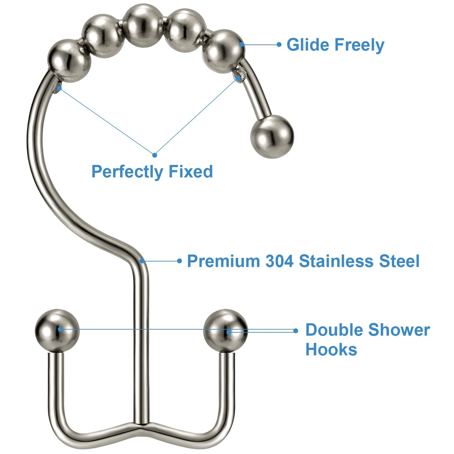 Shower Curtain Hooks Rings, TENOVEL Double Sided Shower Hooks Rust Proof for Bathroom Shower Rods Curtain, Durable Stainless Steel Bathroom Shower Curtain Hangers, Bronze, Set of 12
