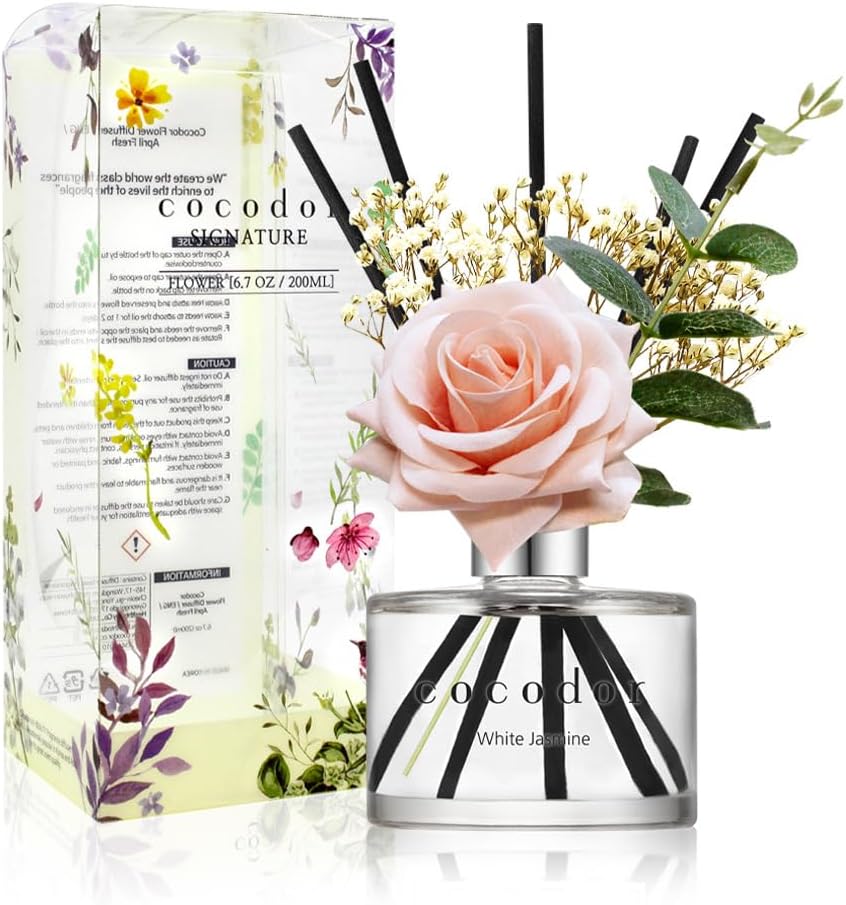 COCODOR Flower Reed Diffuser Set / 6.7oz / White Jasmine/Scent Diffuser with Sticks Home Fragrance Reed Diffuser for Bathroom Shelf Decor