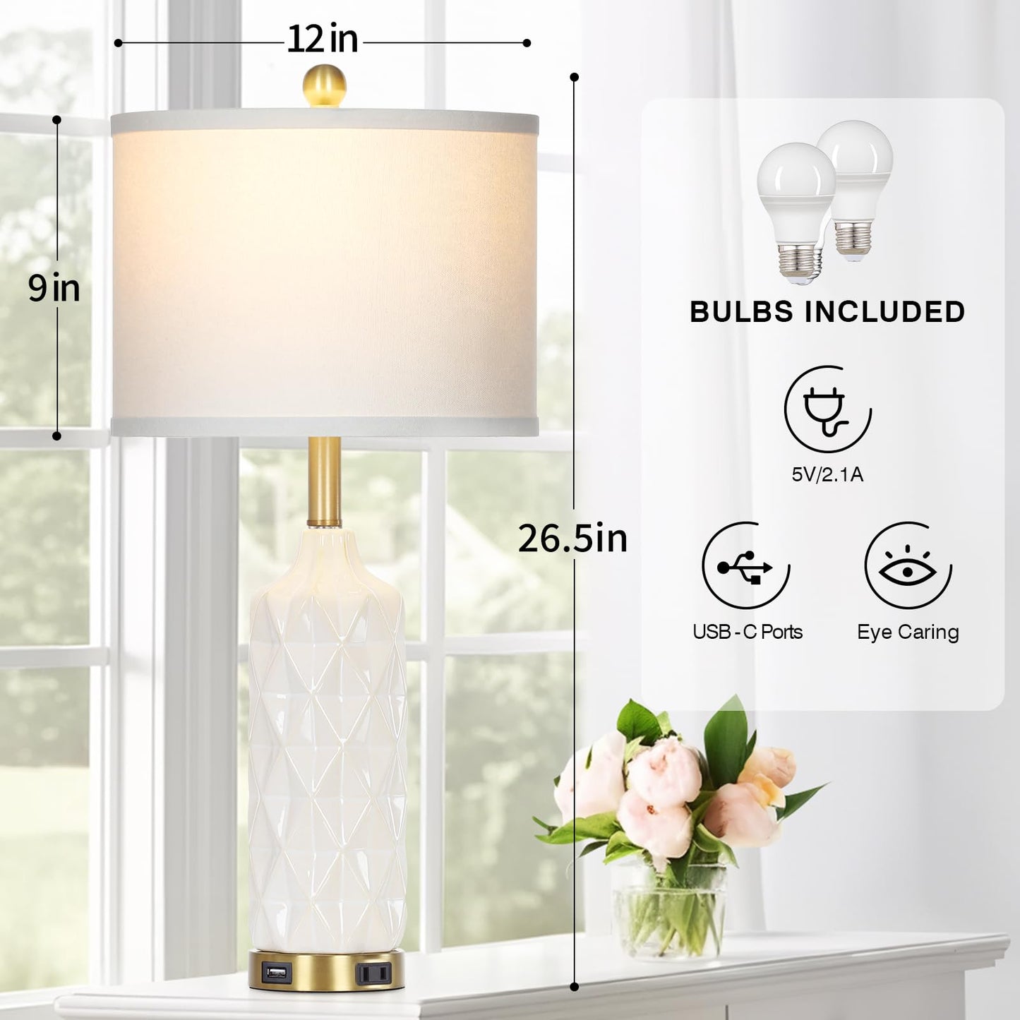 27-Zoll-Tischlampen aus Glas, 2er-Set mit Nachtlicht, moderne Nachttischlampen mit 3-Wege-Touch-Steuerung, USB-A+C-Anschlüssen und AC-Steckdose, gelbe Nachttischlampen im Boho-Stil für das Wohnzimmer im Schlafzimmer