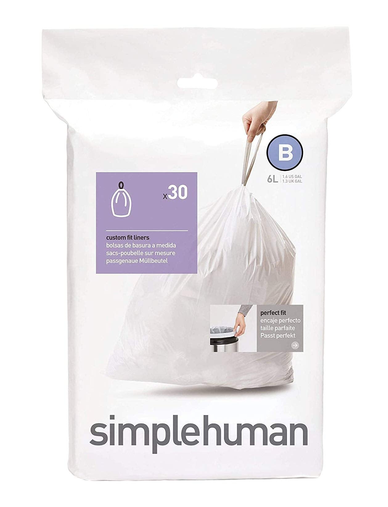 simplehuman Code H 60 Count, Genuine Custom Fit Liners, Drawstring Trash Bags in Dispenser Packs, 30-35 Liter / 8-9.2 Gallon, White