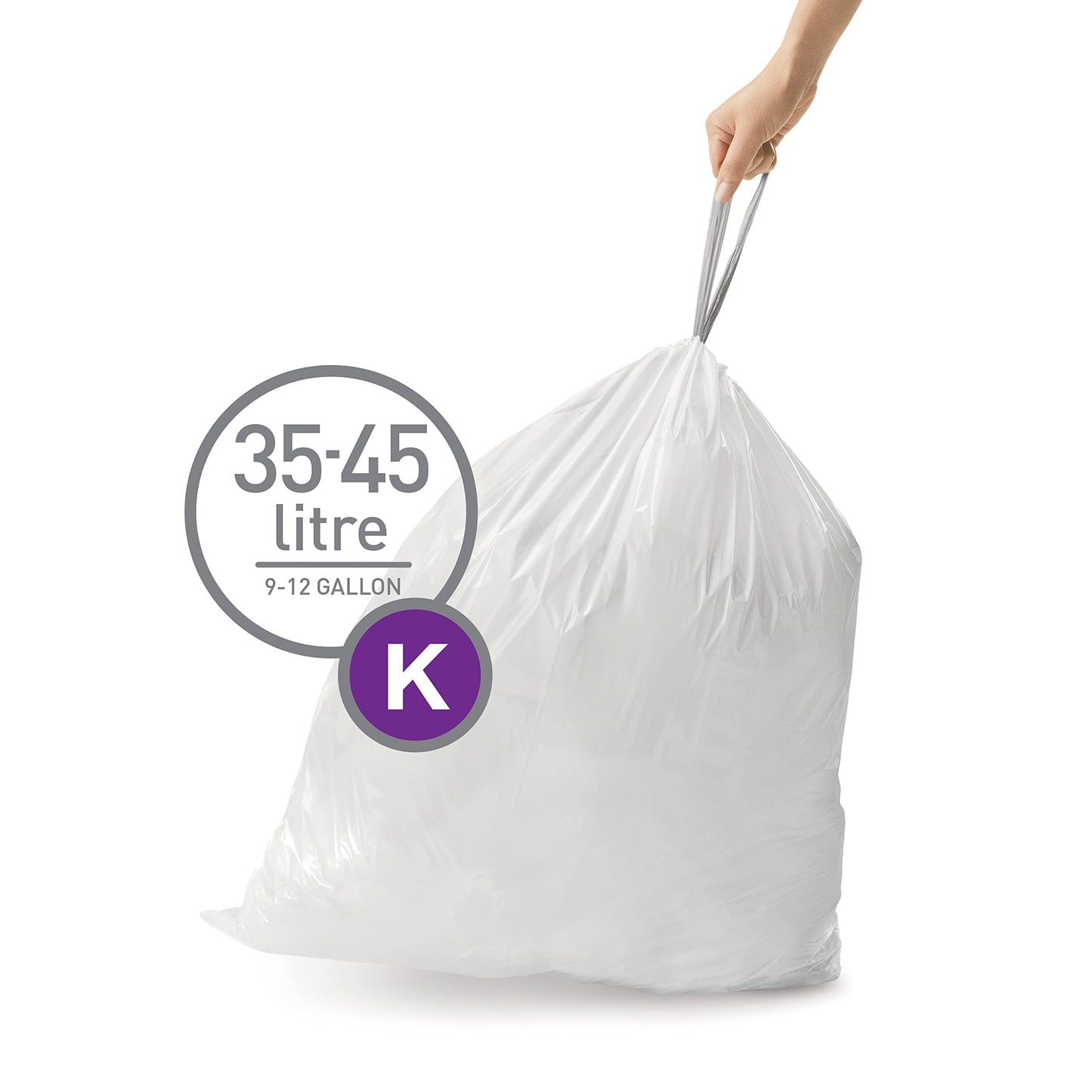 simplehuman Code H 60 Count, Genuine Custom Fit Liners, Drawstring Trash Bags in Dispenser Packs, 30-35 Liter / 8-9.2 Gallon, White