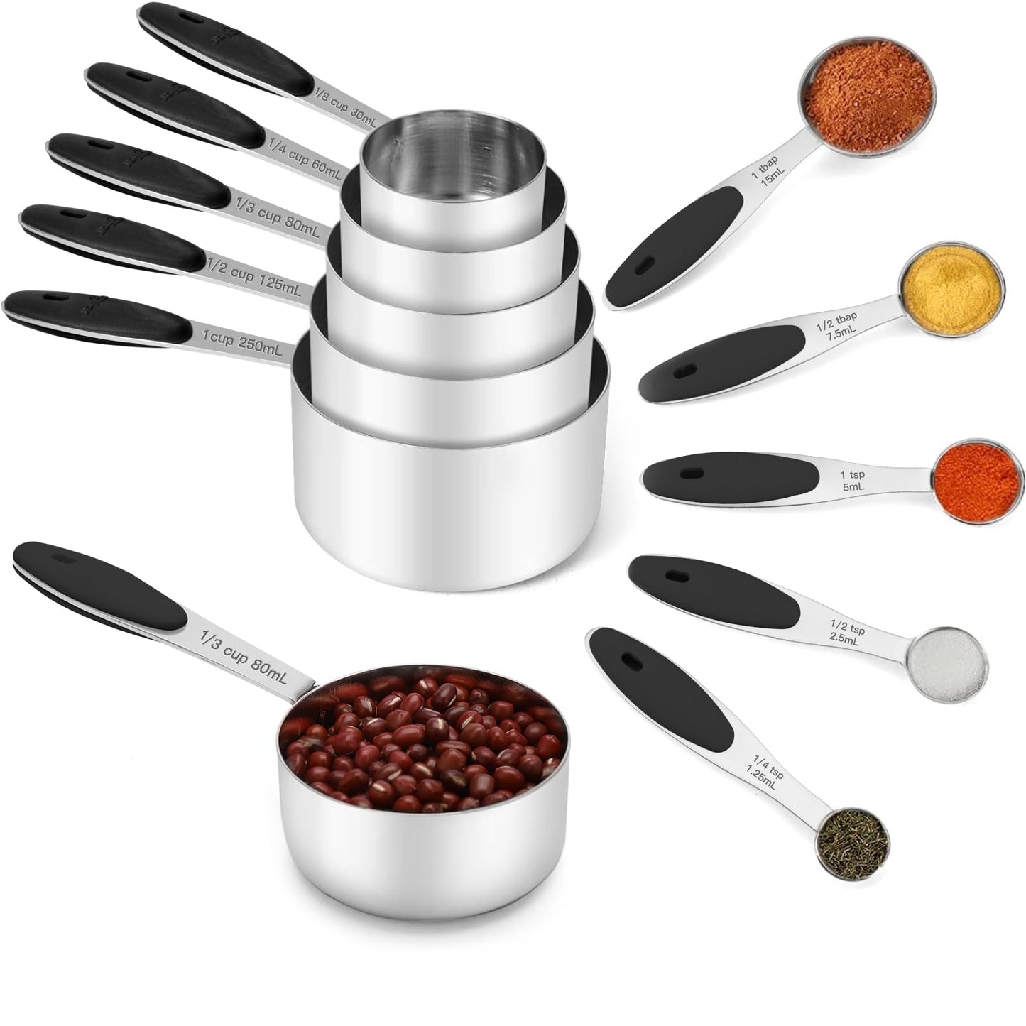 Ensemble de 10 tasses et cuillères à mesurer en acier inoxydable Joyhill, ensemble de tasses à mesurer emboîtables en métal avec poignées en silicone doux au toucher pour ingrédients secs et liquides, cuisine et pâtisserie (noir)