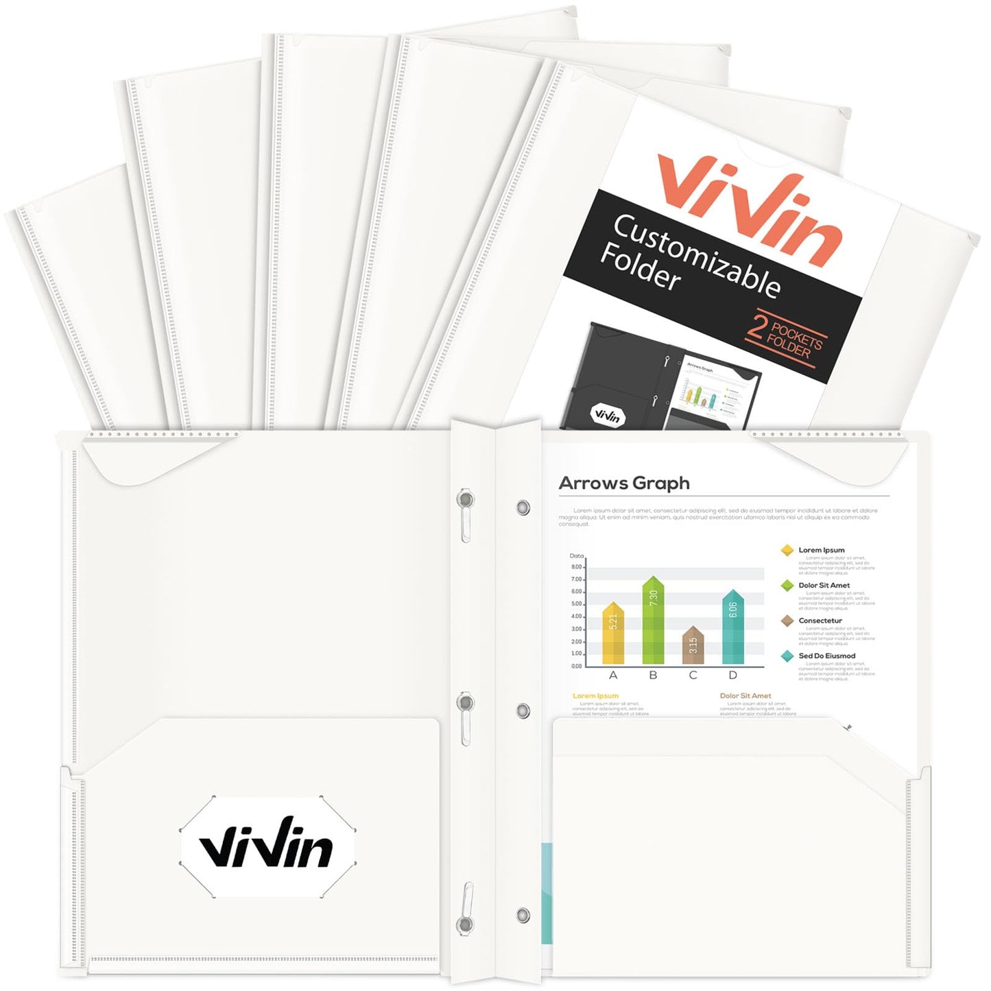 Chemises en plastique épais ViVin avec pochettes et broches, deux poches, poche avant transparente et onglets de maintien, lot de 6, pour papier au format lettre US, pour l'école et le bureau - Blanc