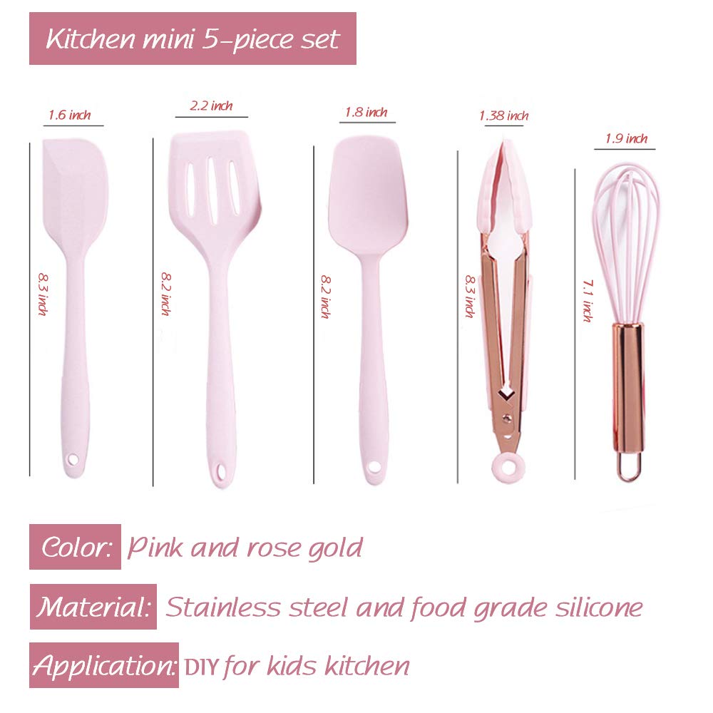 Mini-Küchenhelfer in Roségold und Grau, kleines fünfteiliges Set, winzige Küchenwerkzeuge aus Silikon für Kinder, Schneebesen, Spatel, Zange, Löffel und Schlitzspatel zum Kochen (Backzubehör für Kinder), Grau