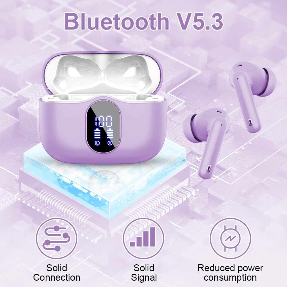 Wireless Earbuds Bluetooth 5.4 Headphones Bass Stereo Ear Buds with Noise Cancelling Mic LED Display in Ear Earphones IP7 Waterproof 36H Playtime for Laptop Pad Phones Sports Workout White