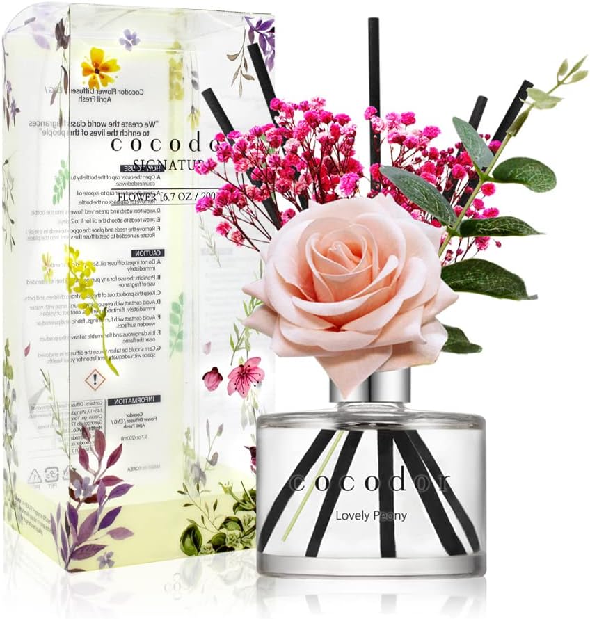 COCODOR Flower Reed Diffuser Set / 6.7oz / White Jasmine/Scent Diffuser with Sticks Home Fragrance Reed Diffuser for Bathroom Shelf Decor