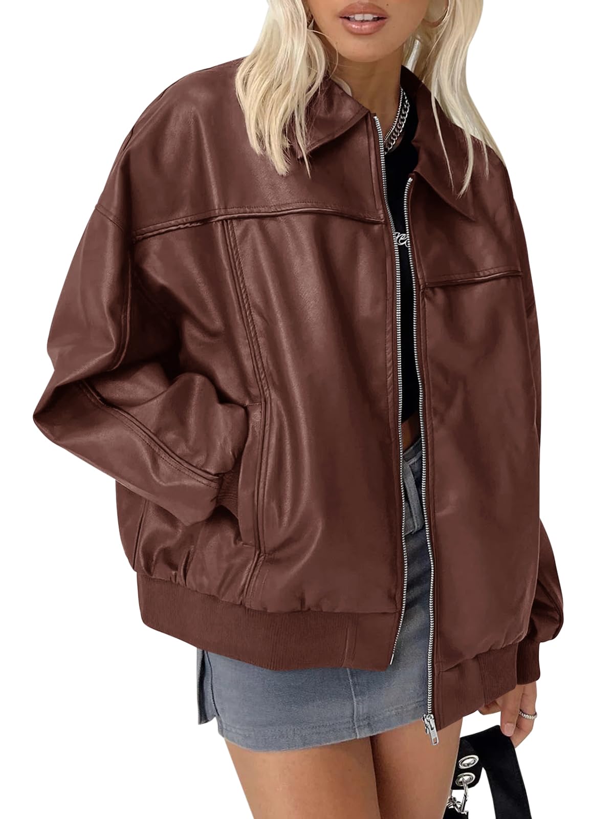 Tankaneo Womens Faux Leather Jackets Oversized Bomber Casual Fall Fashion Zip Up Moto Biker Coats