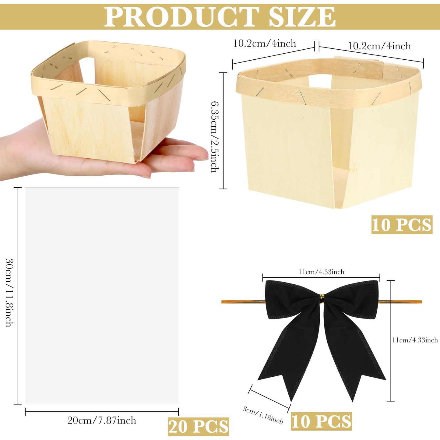 Yerliker 10 Set Wooden Mini Baskets for Gifts Empty 4 Inches Small Baskets Berry Basket Bows Clear Treat Bags Set for DIY Picking Wedding Birthday Easter(White,Satin)